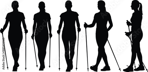 Silhouettes of athletic women Nordic walking with trekking poles, outdoor fitness exercise poses isolated on white background