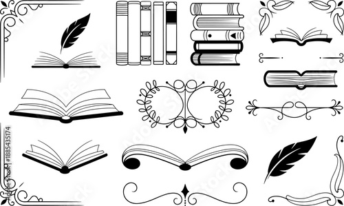 Book day symbols and illustrations with books and feathers