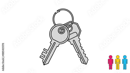 Pair of metal keys on a keyring are displayed above small colored icons representing a diverse family or community.