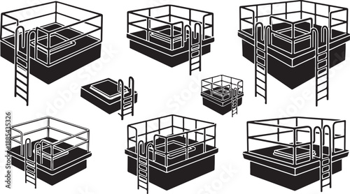 Industrial Metal Platforms with Ladders and Railings Set