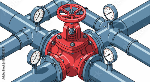 An illustration of a red valve with multiple blue pipes and gauges attached