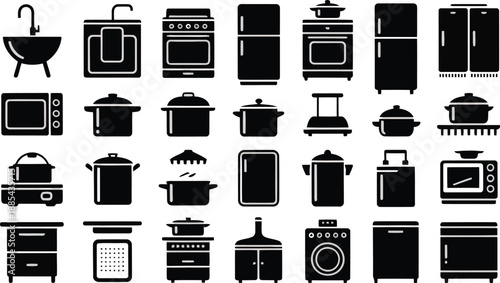 Various black silhouette icons illustrating a wide range of common kitchen and home appliances