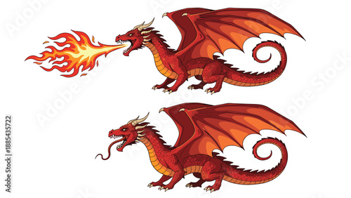 Two powerful red dragons with large wings and spiked tails, one breathing hot flames and the other with a forked tongue on a white background.