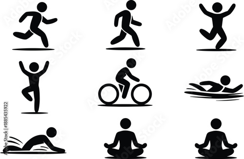 Various black stick figure icons depicting different human activities including sports and relaxation