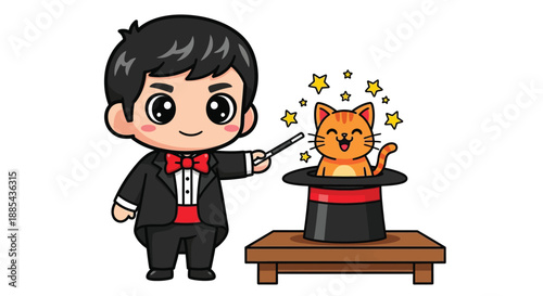 A cheerful cartoon boy in a magician's costume making an orange cat appear out of a top hat with magic stars, on a wooden table against a plain white background.