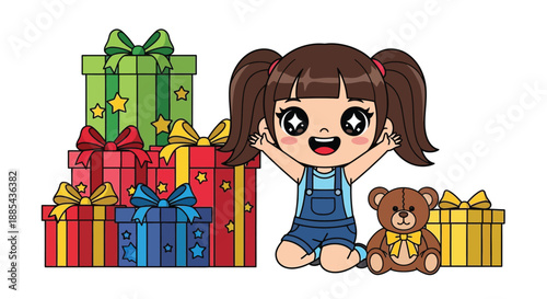A cartoon girl with brown hair and pigtails sits with a teddy bear surrounded by colorful presents on a white background in a playful scene.