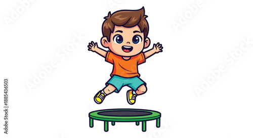 Cartoon illustration of a cheerful young boy jumping on a green trampoline with a big smile on his face against a clean white background.