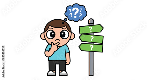 A cartoon boy with a puzzled expression stands beside a signpost with question marks on the signs, conveying confusion and indecision in a simple, flat illustration style with a clean white