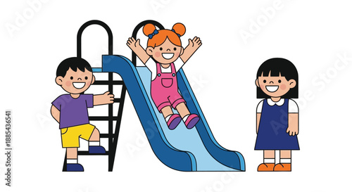 Illustration of three children playing on a blue slide with a ladder, against a clean white background.