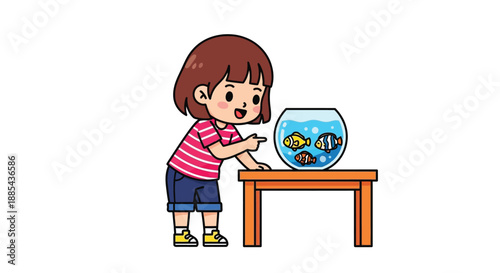 A young girl feeding fish in a bowl on a table with a surprised expression.
