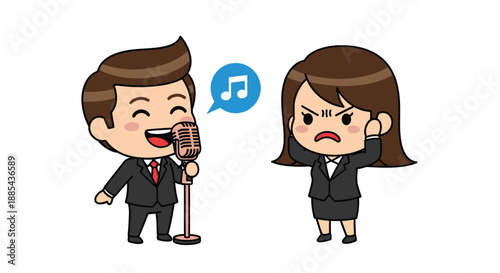 Cartoon illustration of a cheerful business man singing into a microphone with a musical note speech bubble while a displeased business woman covers her ears standing beside him against a
