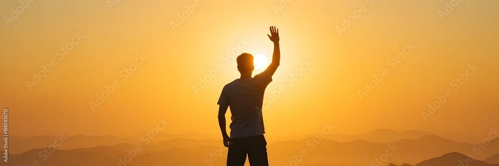 Fototapeta premium Man Standing on Mountain Top with Arm Raised at Sunset Viewpoint