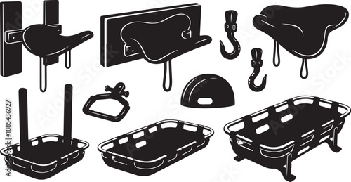 Black and white illustration of various bathroom accessories set