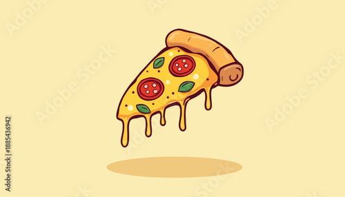   
Cartoon pizza slice vector with melted cheese pepperoni basil and thick crust on yellow background in playful style