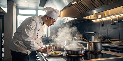 chef preparing food, chef cooking in a kitchen, natural steam and light, professional environment, food