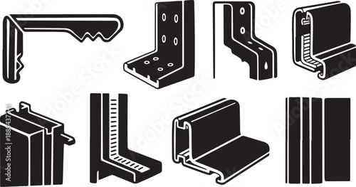 Various metal bracket and clip illustrations in black and white