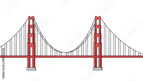 Iconic Golden Gate Bridge illustration with red towers and suspension cables on a white background.