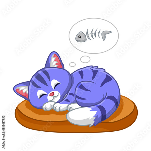 Cute cartoon cat sleeping dreaming of fish bones