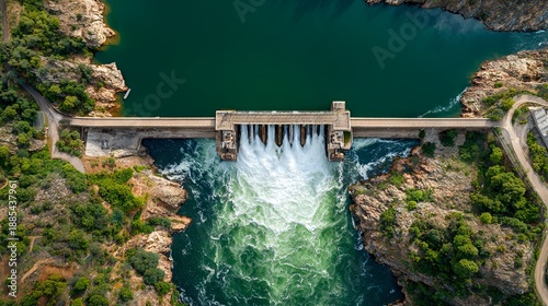 An aerial perspective of a hydroelectric dam on a river, showing water flowing from the reservoir, highlighting the scale, engineering, and power generation of the facility
