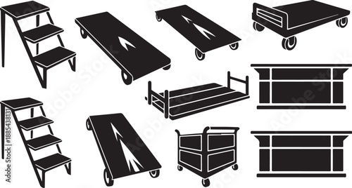 Various types of dollies and carts for moving objects