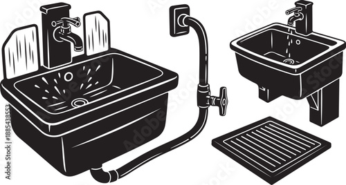 Black and white illustration of bathroom sink components
