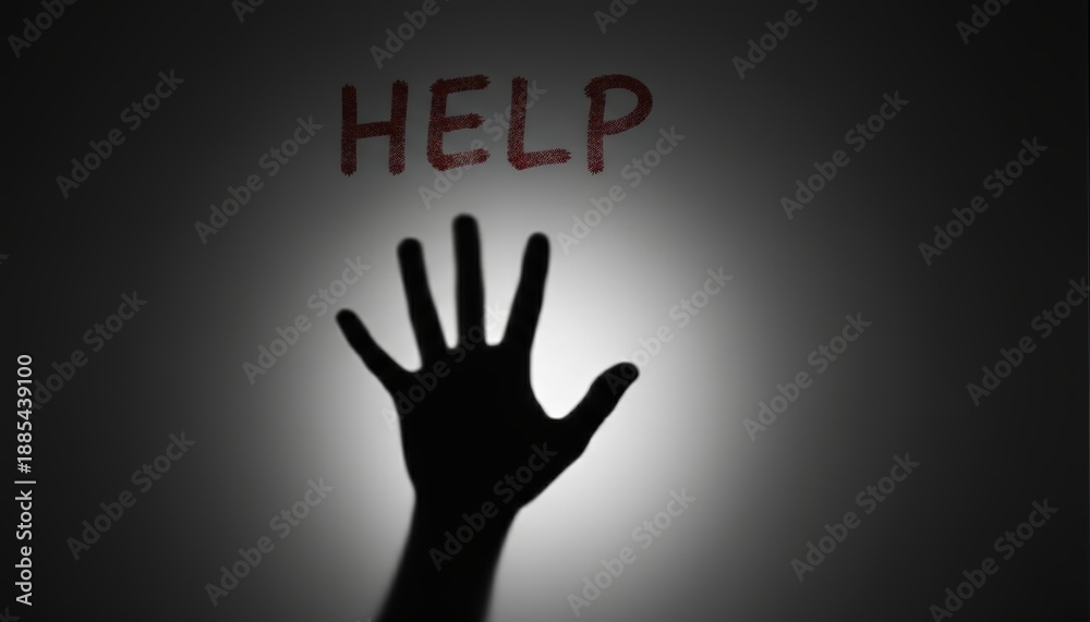 Fototapeta premium Shadow of a person's hand pressing against a translucent surface with the word help written in red, symbolizing crime, fear, danger, and a desperate plea for assistance