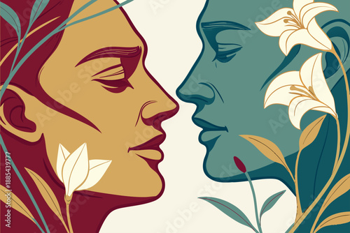 Two stylized human profiles face each other closely surrounded by elegant white lilies and flowing botanical elements symbolizing connection.