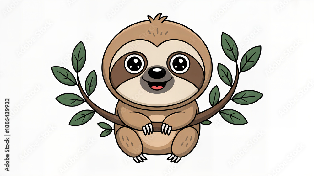Obraz premium Relaxed Cartoon Sloth Illustration Cuddling a Tree Branch with a Gentle Smile, a Peaceful Tropical Animal Character for Kids' Nature Themes