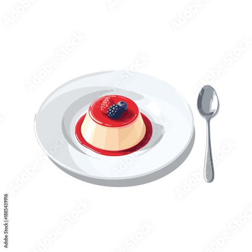 A delicious panna cotta dessert with berry sauce and fresh berries on a white plate next to a spoon.
