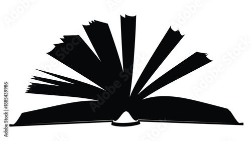 An open book with pages spread showcasing a dark silhouette