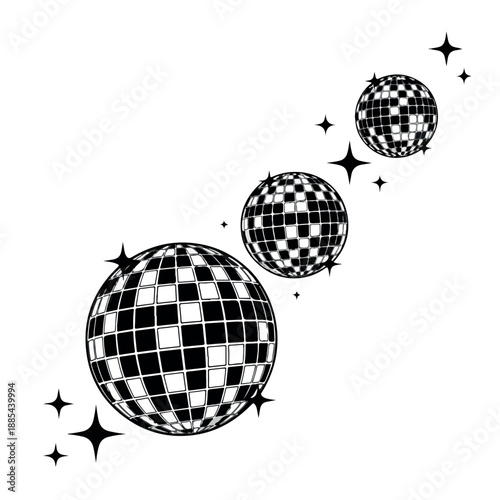 Black and white illustration of three shiny disco balls with starburst effects on a plain white background.