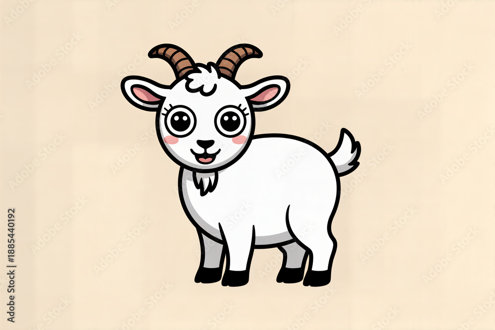 Fototapeta premium Cute cartoon baby goat with small horns, big eyes and a happy smile, friendly farm animal illustration for kids