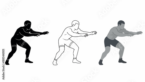 Three athletic men in different colored illustrations practicing martial arts poses isolated on a white background.