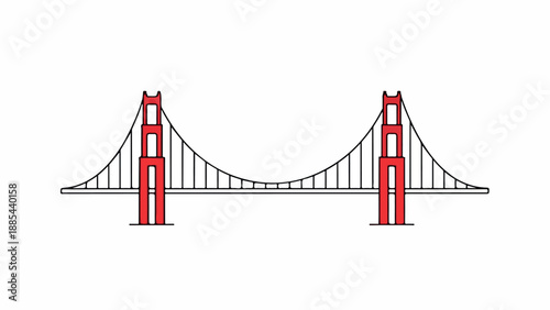 Illustration of the Golden Gate Bridge in San Francisco with red towers and suspension cables on a white background.