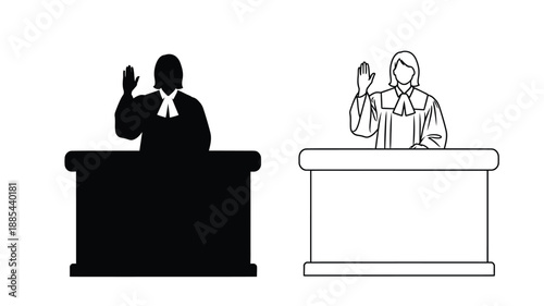 Judge and speaker at a podium legal proceedings depicted in silhouette