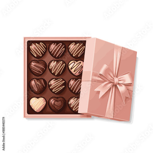 A pink gift box filled with twelve heart-shaped chocolates, some dark and some light, adorned with decorative white drizzles, perfect for a romantic occasion.