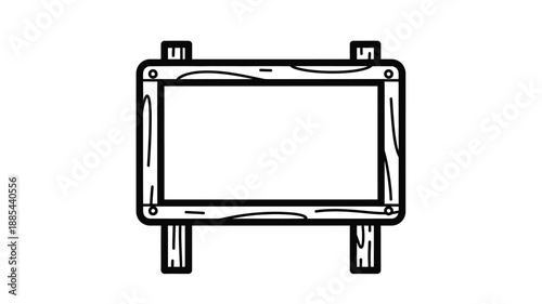 A simple black and white outline of a rustic wooden sign silhouette