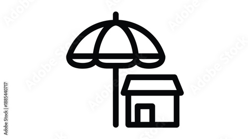 Simple black and white illustration of a beach umbrella and hut silhouette