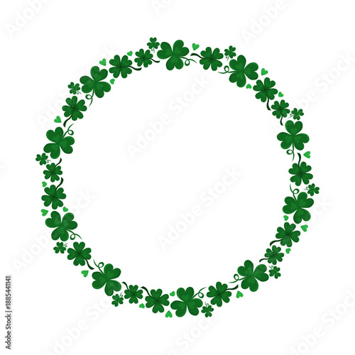 Round delicate frame made of clover. Floral ornament. Saint Patricks Day. Copy space for inscription in center. Hand drawn vector illustration.