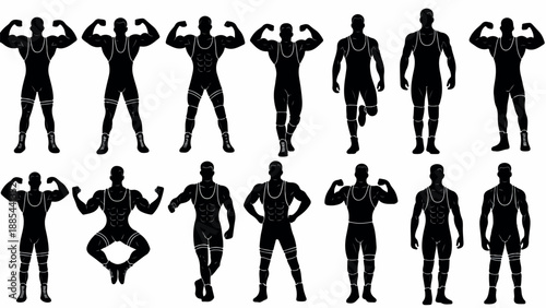 Collection of various black silhouettes of men in different poses on a white background with a focus on fitness and exercise.