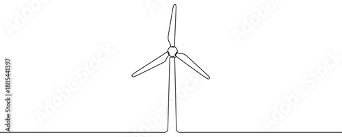 Wind turbine with three blades, mounted vertically. Symbol of renewable energy, clean power, ecology, and sustainability in one line art style with editable black stroke. Vector illustration.