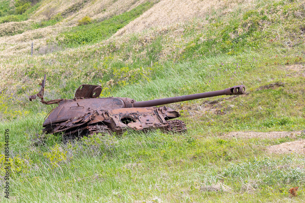 Obraz premium Old rusty soviet panzer IS-3. Kunashir Island. Southern Kuriles