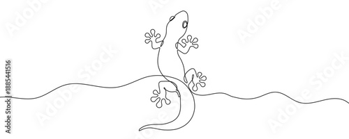 A stylized lizard or gecko crawling with spread legs. Drawing in one line art style with editable black stroke. Vector illustration.