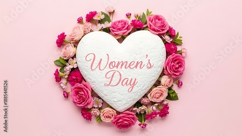Heart shaped card with flowers and womens day message on a pink background