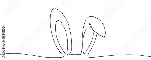 Rabbit or bunny ears peeking up from the bottom, symbolizing Easter, spring, and nature. Drawing in one line art style with editable black stroke. Vector illustration.