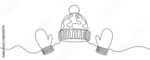 One continuous line of a knitted hat with a pom-pom and a pair of mittens. Line art of winter headwear and gloves. Drawing in one line style with a black stroke. Vector illustration.