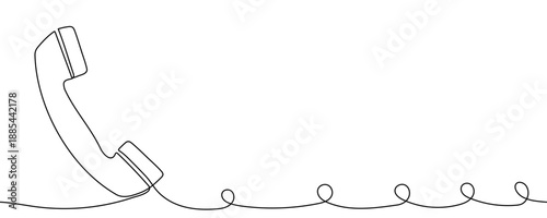 One continuous line of a classic telephone handset with a cord. Minimalist line art drawing of a retro phone. 