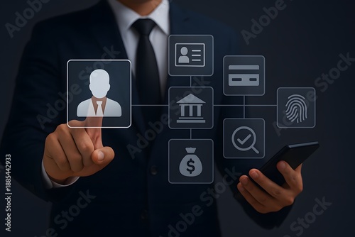 Digital identity verification workflow with biometric fingerprint and customer profile icons