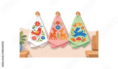 Flat vector illustration of Otomi embroidery inspired kitchen tea towel set hanging on hooks with simplified motifs style clean 2D shapes no outlines minimal details matte colors layered