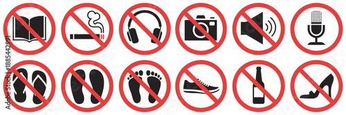 Prohibition icon collection set, flat red circle symbols, no camera, phone, food, pets, smoking, fire, noise, public safety graphics illustration